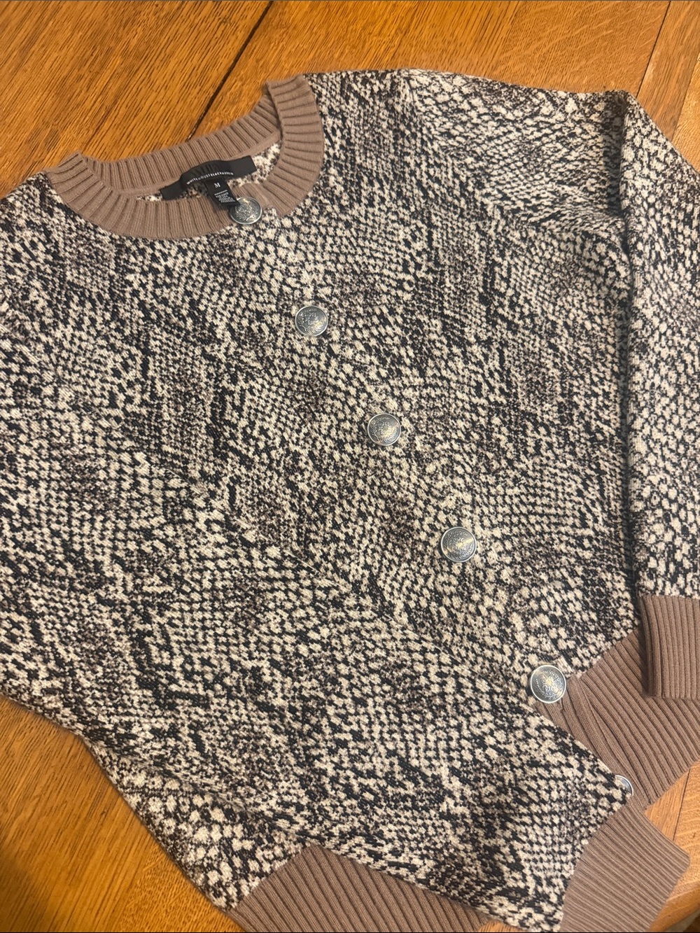 White House Black Market Taupe and Cream Textured Crewneck Sweater